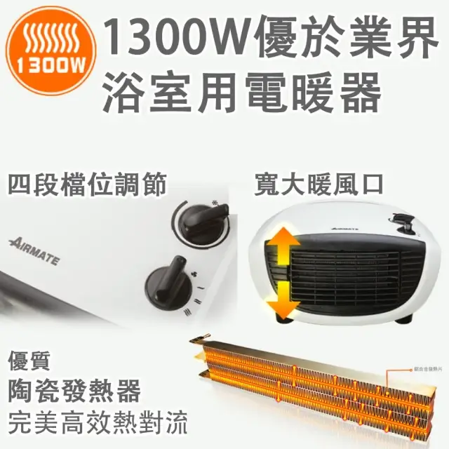 電暖器推薦AIRMATE 艾美特居浴兩用陶瓷電暖器暖白HP13004