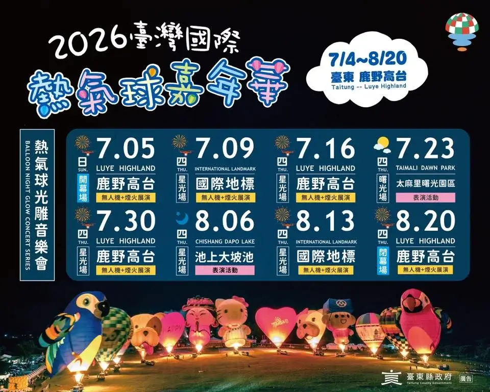 2026【台東熱氣球嘉年華】7/4-8/20鹿野高台熱氣球預約/時間/票價一次看! - 第5張圖 台東熱氣球嘉年華2026開幕及熱氣球光雕音樂會場次