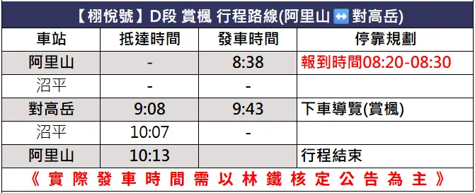 栩悅號觀光列車時刻表-阿里山-對高岳