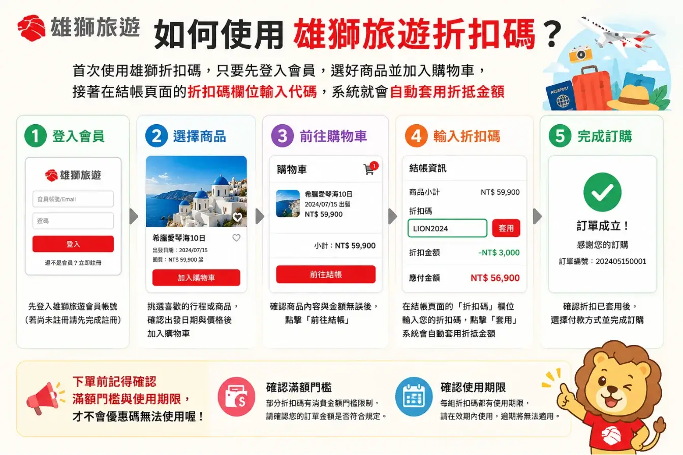如何使用雄獅旅遊折扣碼？